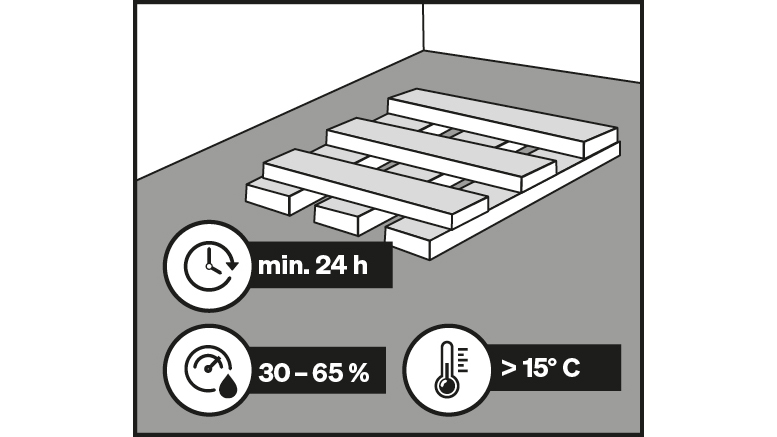 Designboden Pakete 24-48 Stunden im Raum akklimatisieren lassen Vor der Verlegung muss sich der neue Boden für 24-48 Stunden im Raum akklimatisieren